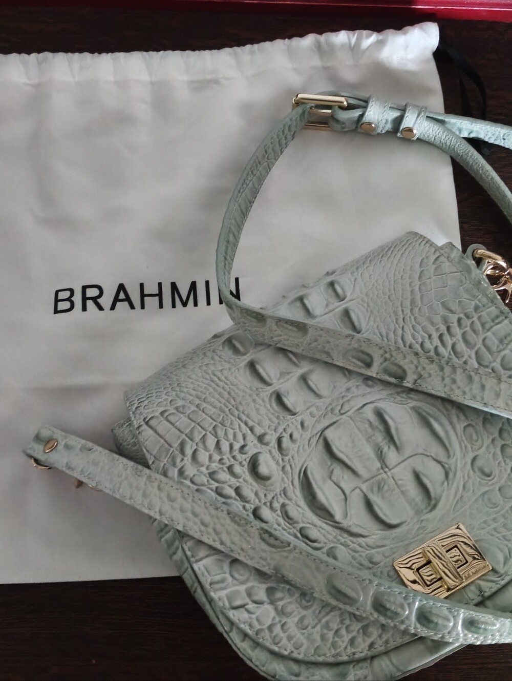 Brahmin Mini Sonny Crossbody Sea Glass Melbourne Croc Leather Saddle Bag